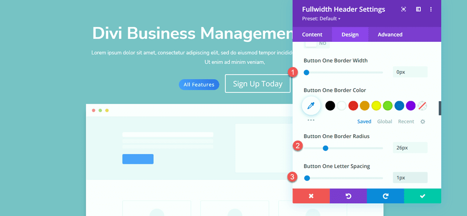 Divi Fullwidth Header تخطيط خلفية متدرجة 3 حد زر