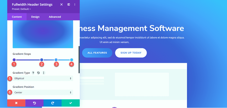 Divi Fullwidth Header Gradient Background Layout 3 إعدادات التدرج