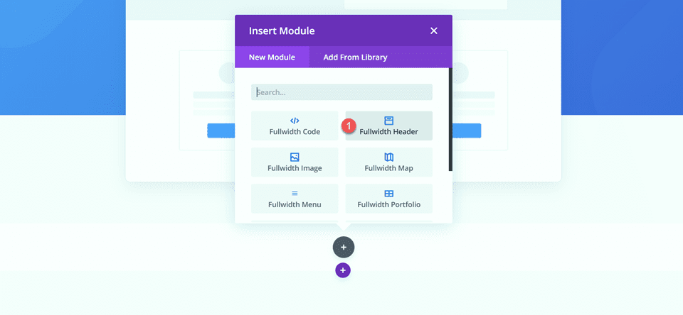 Divi Largura total Cabeçalho Gradiente Plano de fundo Layout 3 Adicionar módulo