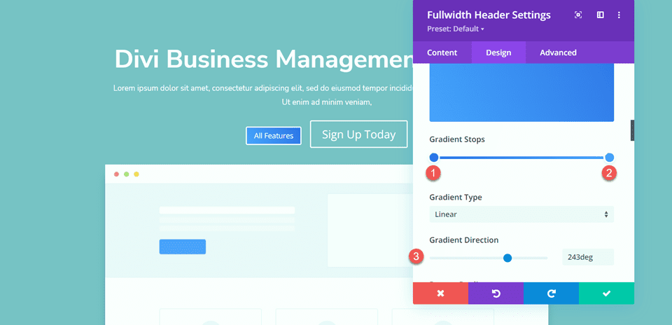 Divi Fullwidth Header تخطيط خلفية متدرجة 3 زر التدرج