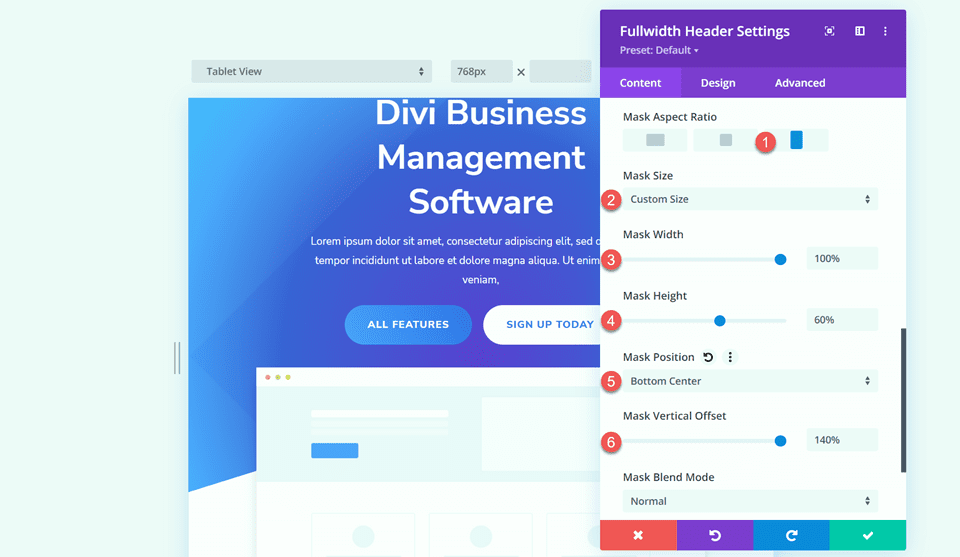 Divi Fullwidth 헤더 그라데이션 배경 레이아웃 3 태블릿 마스크