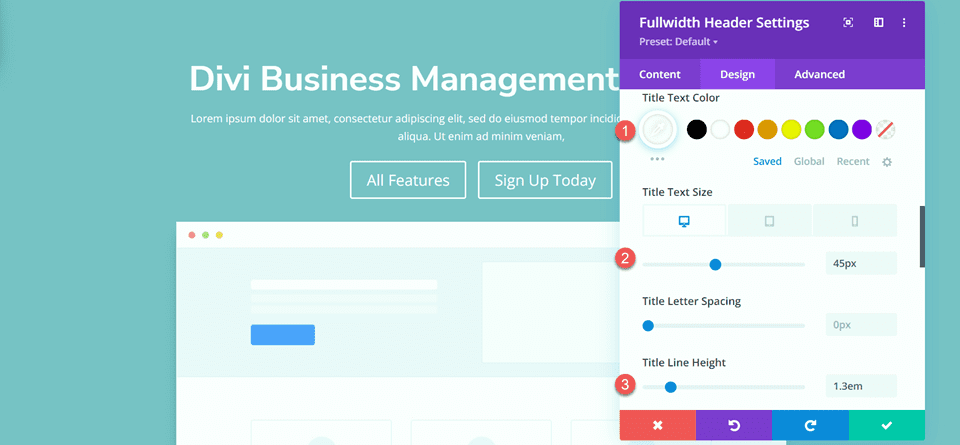 Divi Fullwidth Antet Gradient Aspect de fundal 3 Titlu Setări text