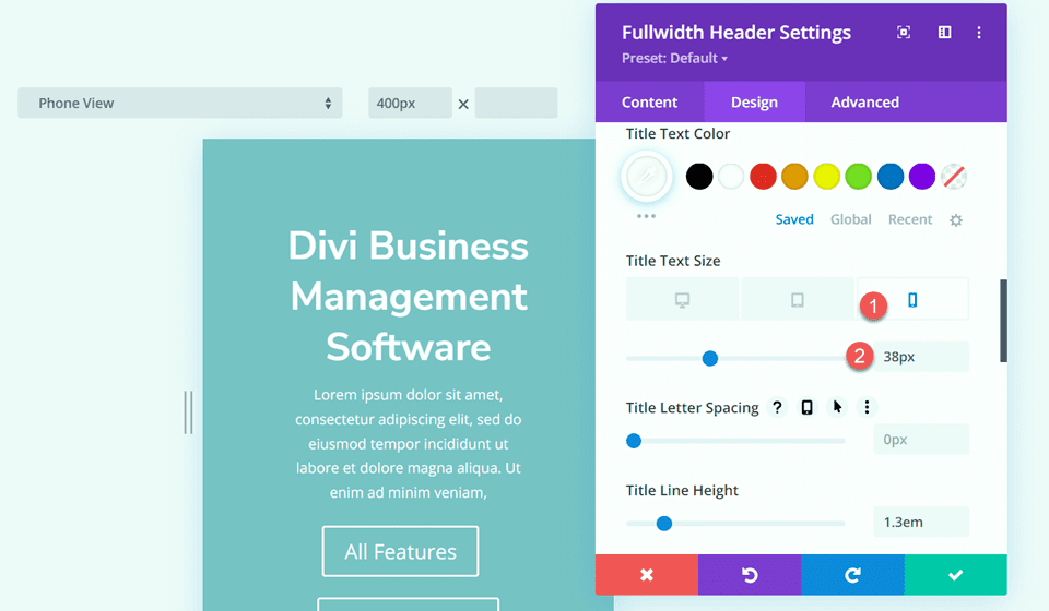 Divi Fullwidth Header تنسيق الخلفية المتدرجة 3 حجم نص الهاتف المحمول