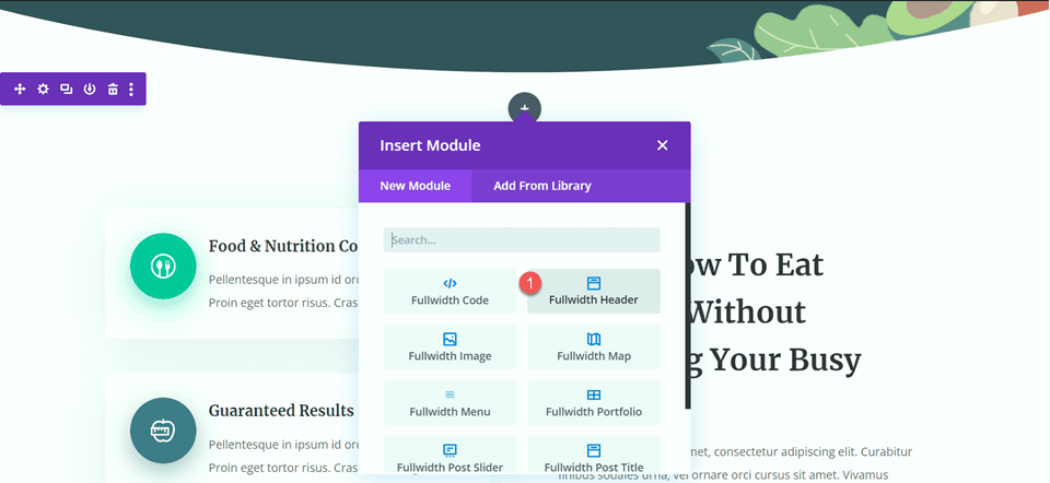 Divi Largura total Cabeçalho Gradiente Plano de fundo 2 Adicionar módulo