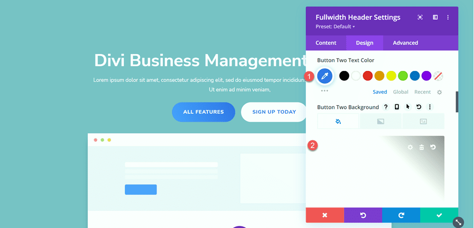 Divi Fullwidth Header متدرج تخطيط الخلفية 3 زر لون الخلفية