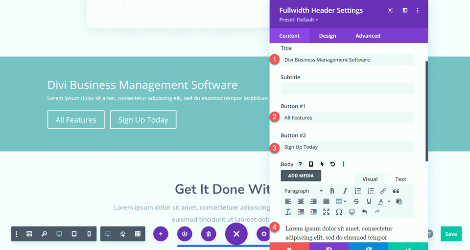 Divi Largura total Cabeçalho Gradiente Plano de fundo Layout 3 Configurações de conteúdo