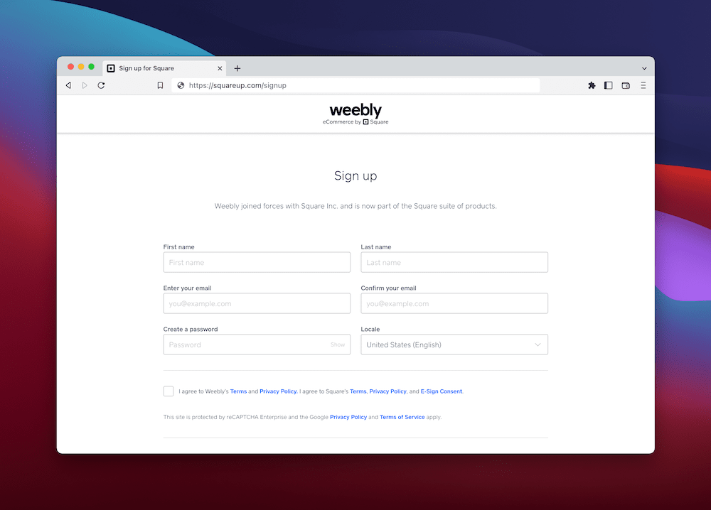 Регистрация учетной записи Weebly.