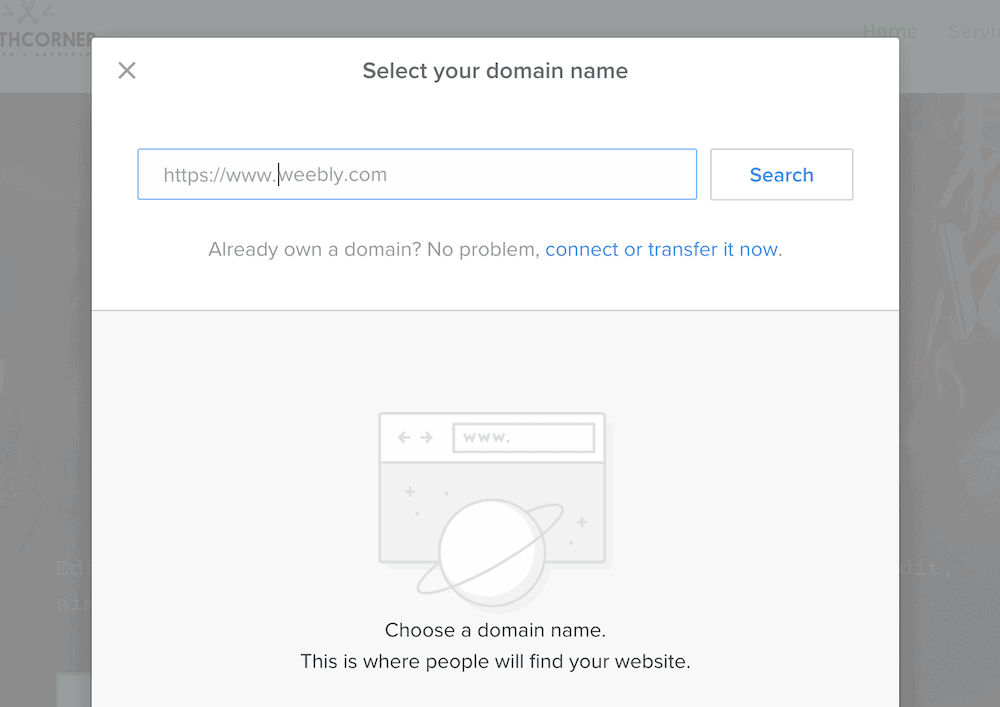 เลือกโดเมน Weebly จากกล่องโต้ตอบป๊อปอัป