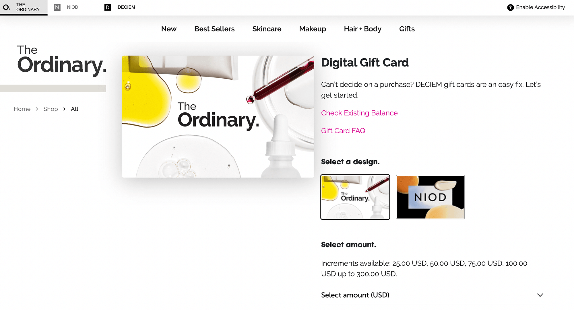 The Ordinary のデジタル ギフト カード。