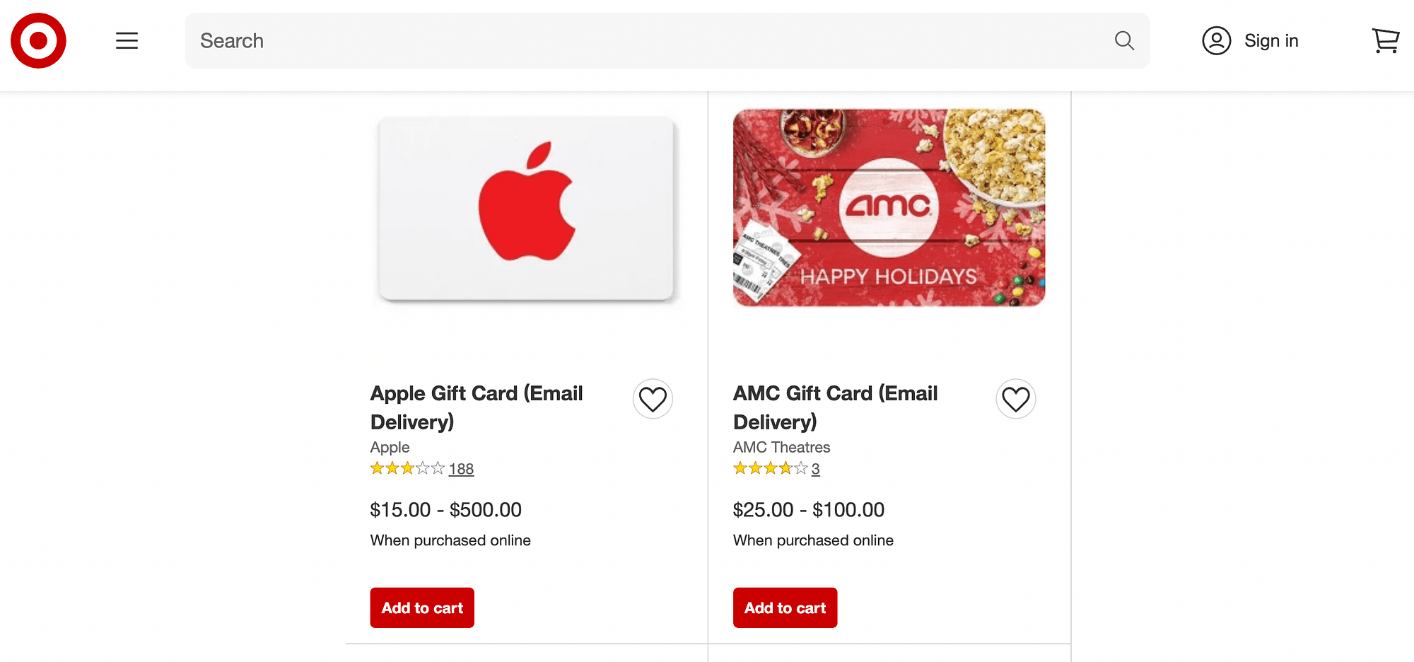 Penawaran kartu hadiah musiman di Target.com.