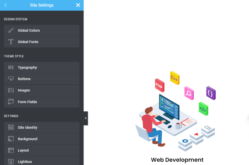 Panel de configuración del sitio