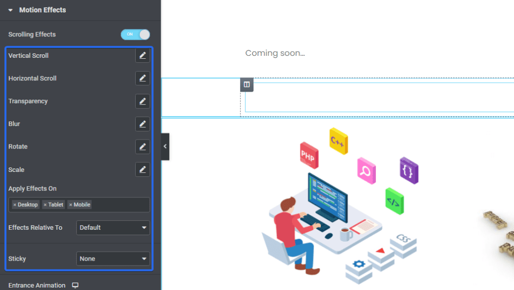 Опция дополнительных эффектов прокрутки — подсказки elementor