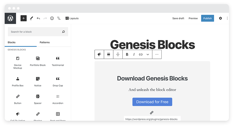 A visualização do painel do WordPress com o plug-in Genesis Blocks instalado.