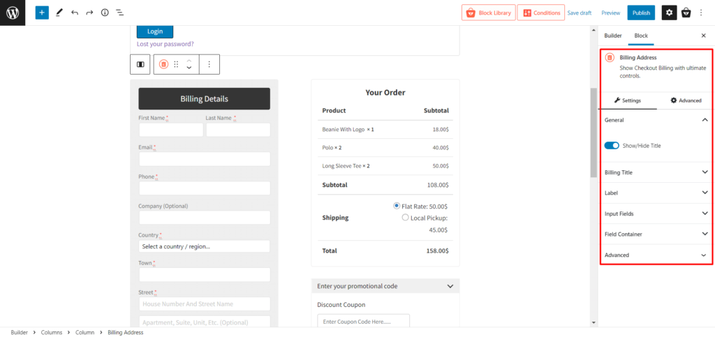 Billing Address Block Settings