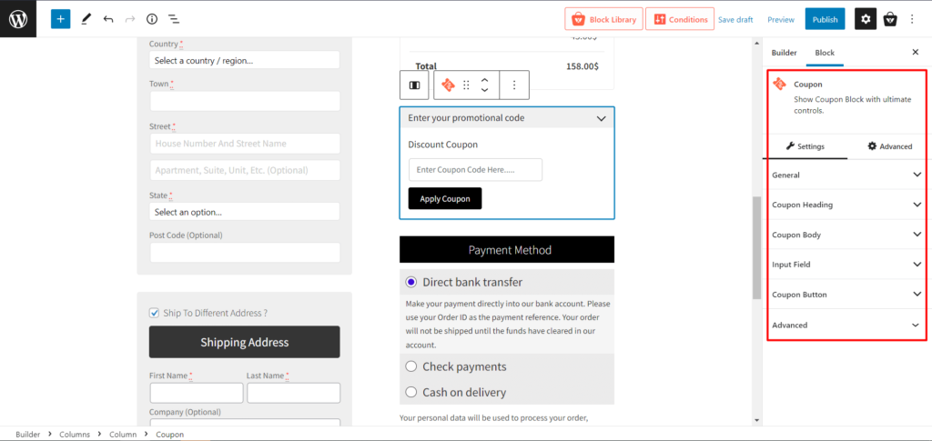 Coupon Block Settings