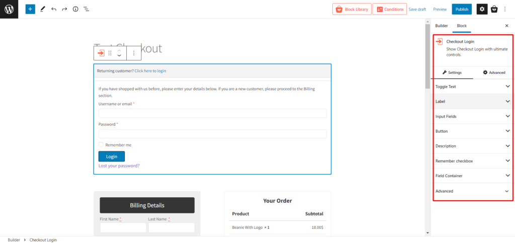 Checkout Login Block Settings