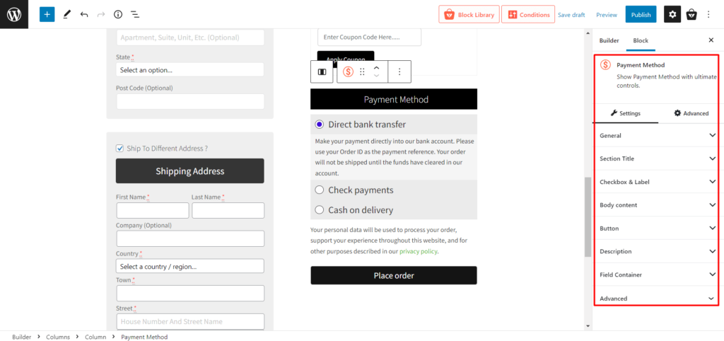 Payment Method Block Settings