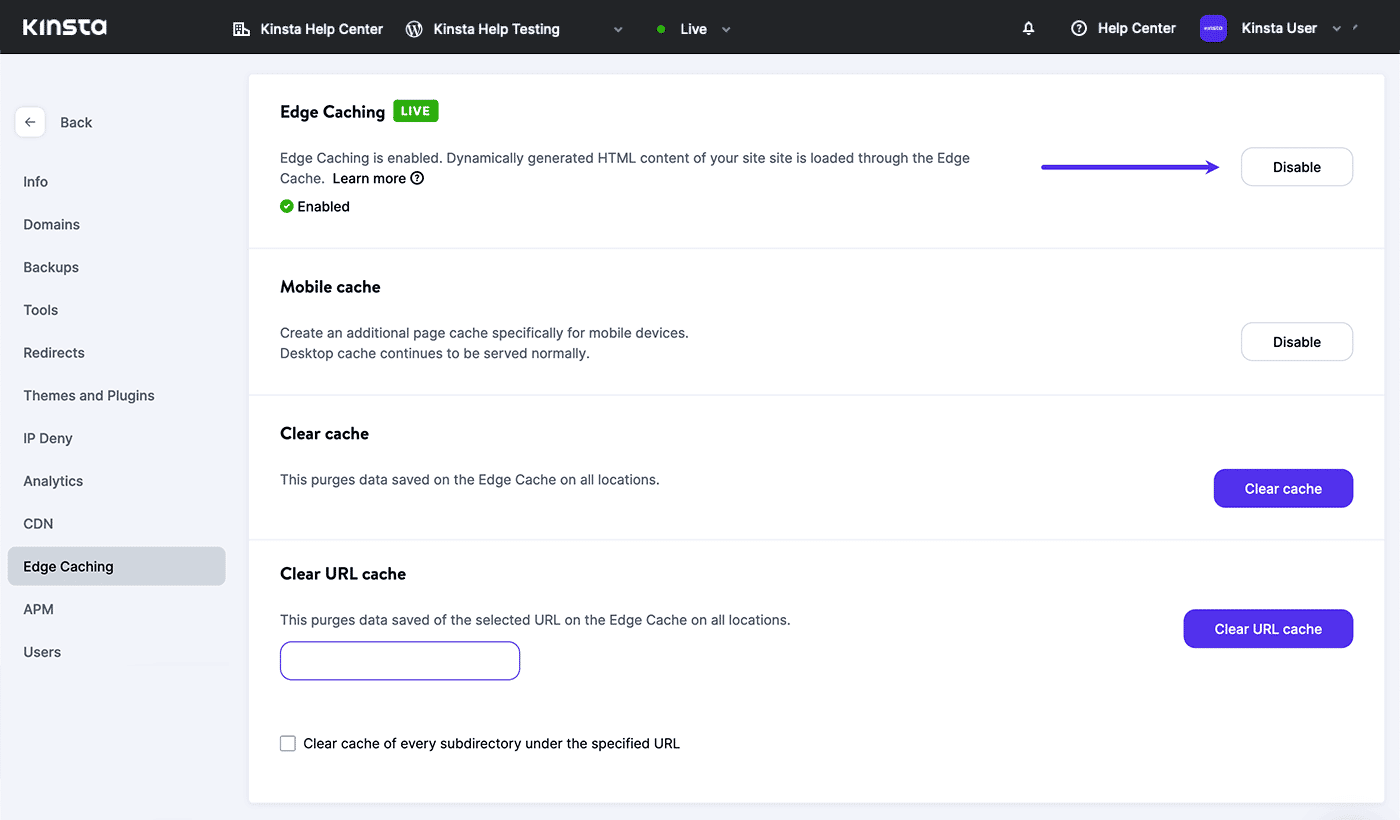 Schermata: Disabilitare Edge Caching in MyKinsta.