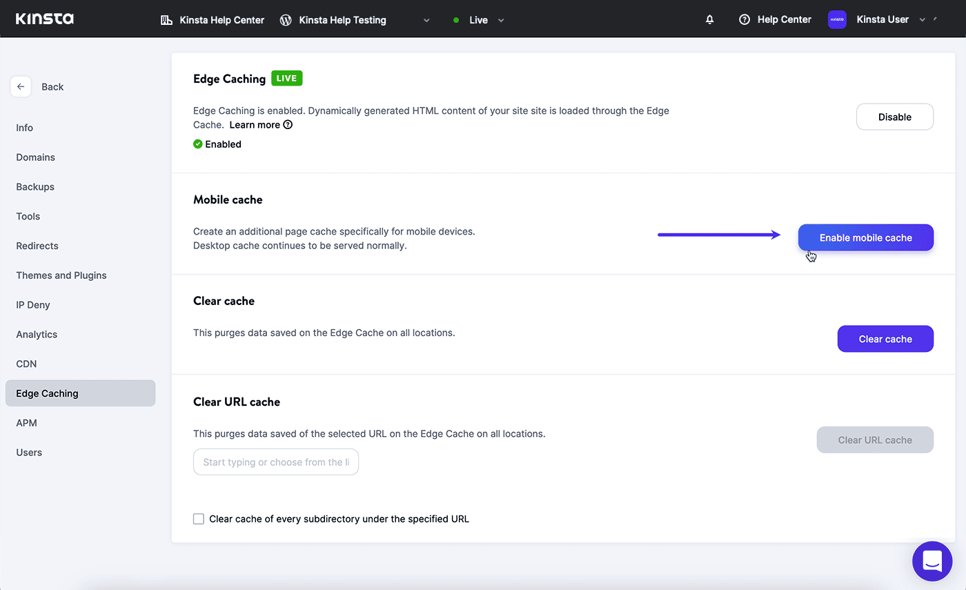 屏幕截圖：在 MyKinsta 中啟用移動緩存。