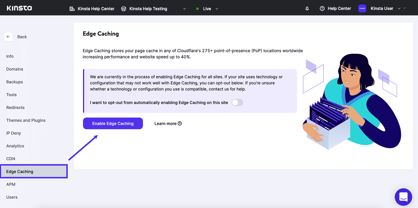 Captură de ecran: activarea Edge Caching în MyKinsta.