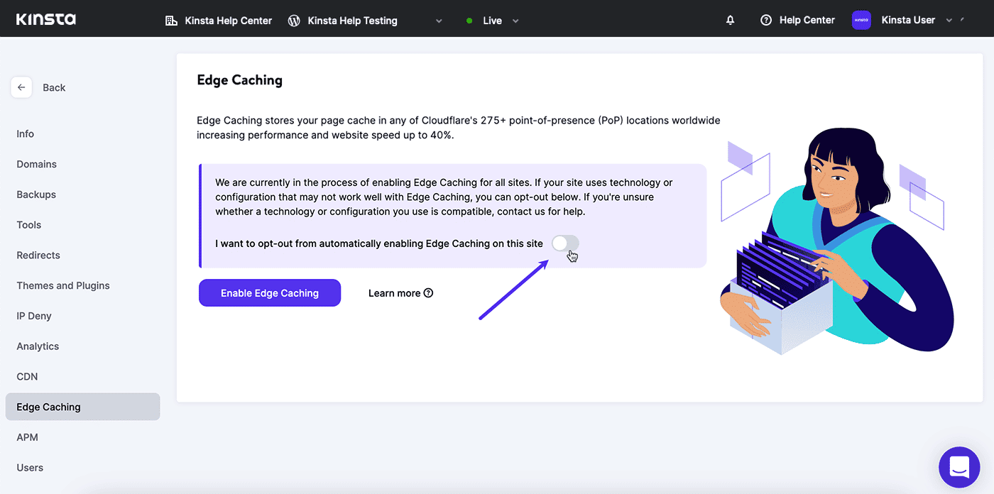 Captură de ecran: renunțarea la Edge Caching în MyKinsta.