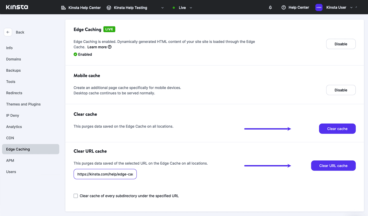 Zrzut ekranu: Czyszczenie pamięci podręcznej w MyKinsta.