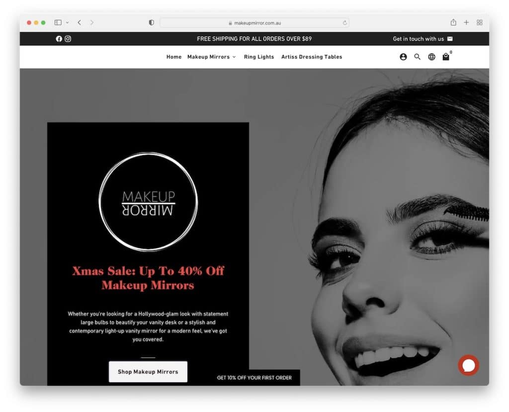 ejemplo de sitio web de dropshipping de espejo de maquillaje