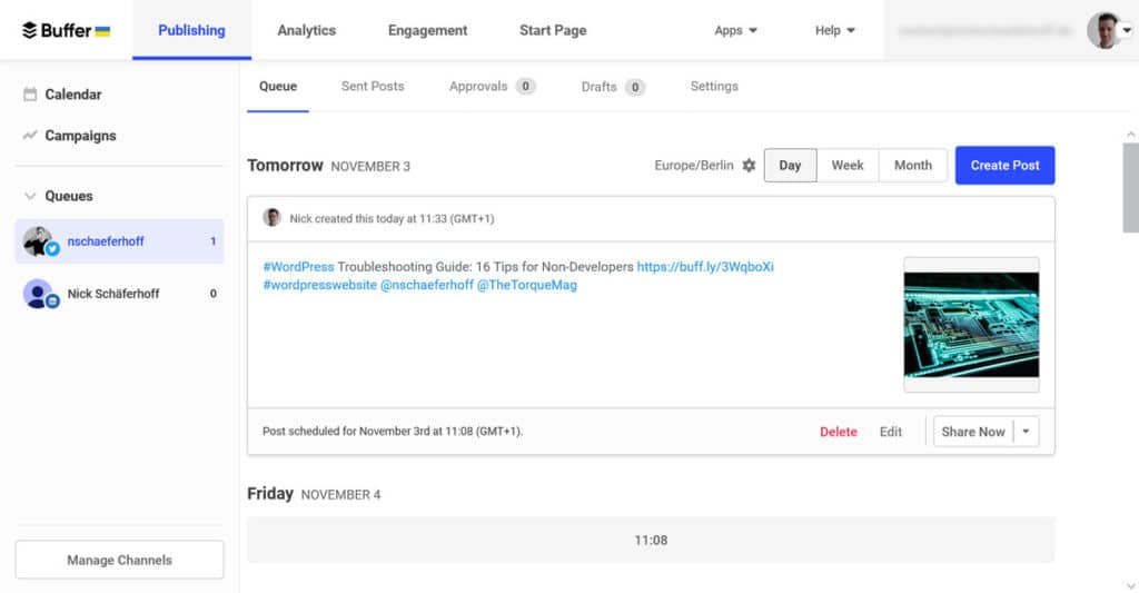 buffer do painel da ferramenta de agendamento de mídia social