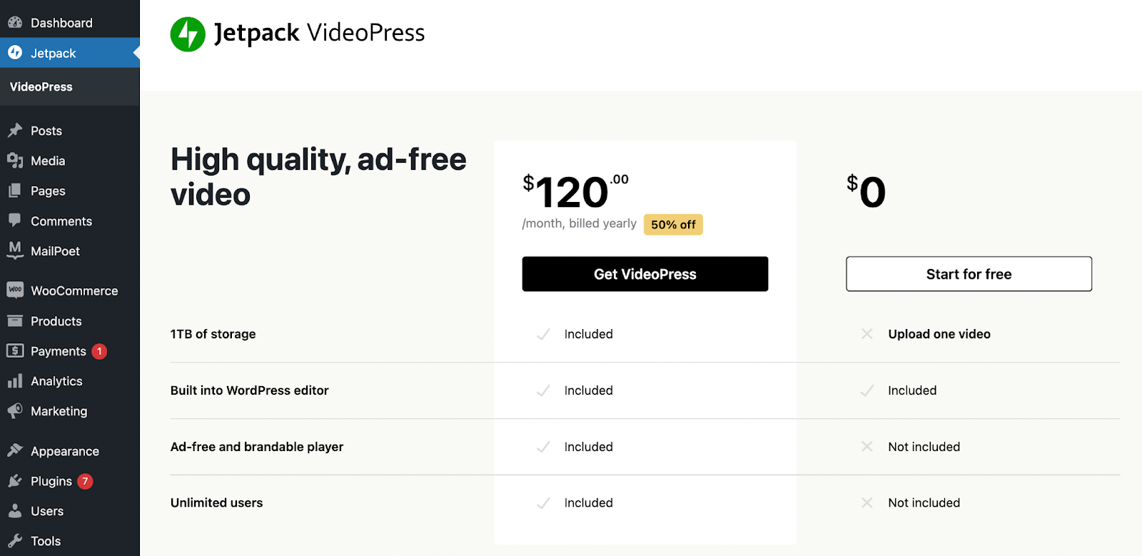 Jetpack VideoPress Planoptionen