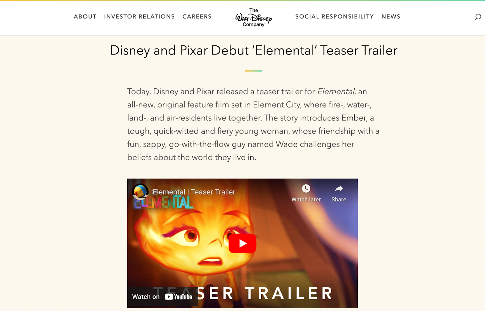 The Walt Disney Company の Web サイトに埋め込まれた映画の予告編