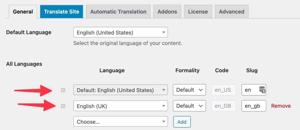 adicionar localidade vs idioma