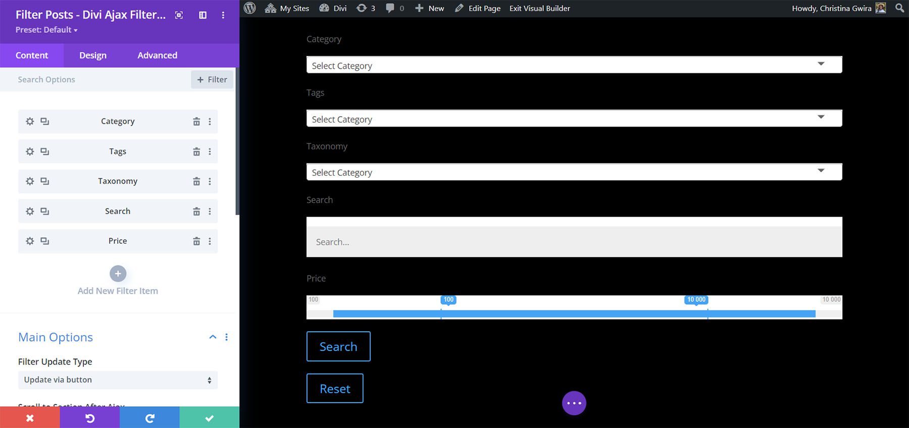 Publicaciones de filtro – Filtro Divi Ajax