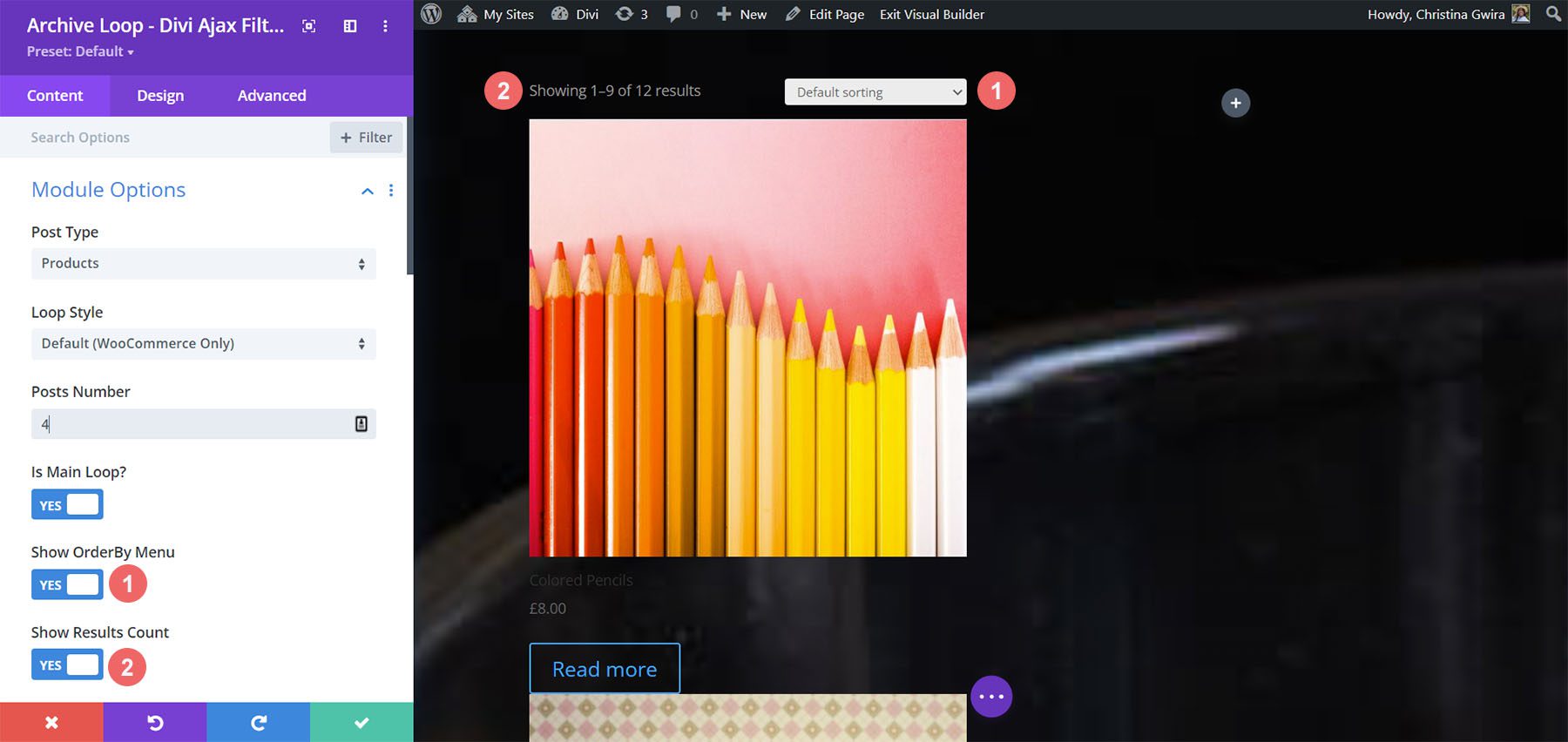 Archive Loop – Filtro Divi Ajax Mostrar resultados y ordenar por menú