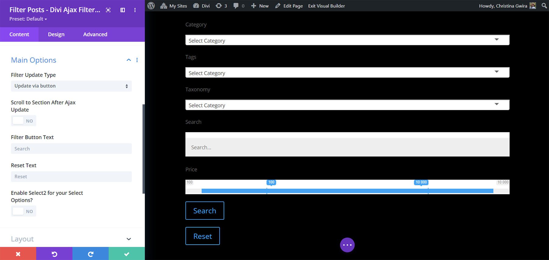 Postări de filtrare – Filtru Divi Ajax