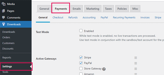 Selecione gateways de pagamento