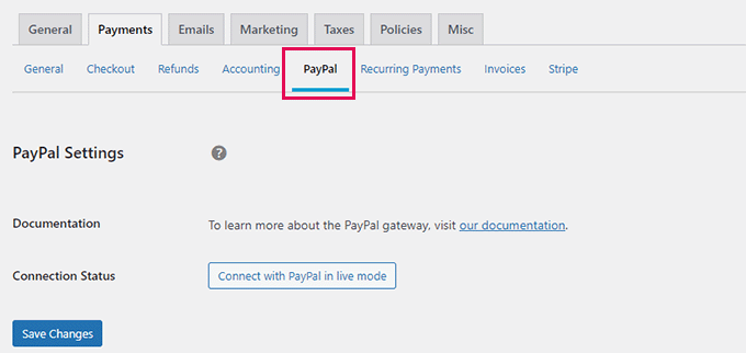 Paramètres PayPal