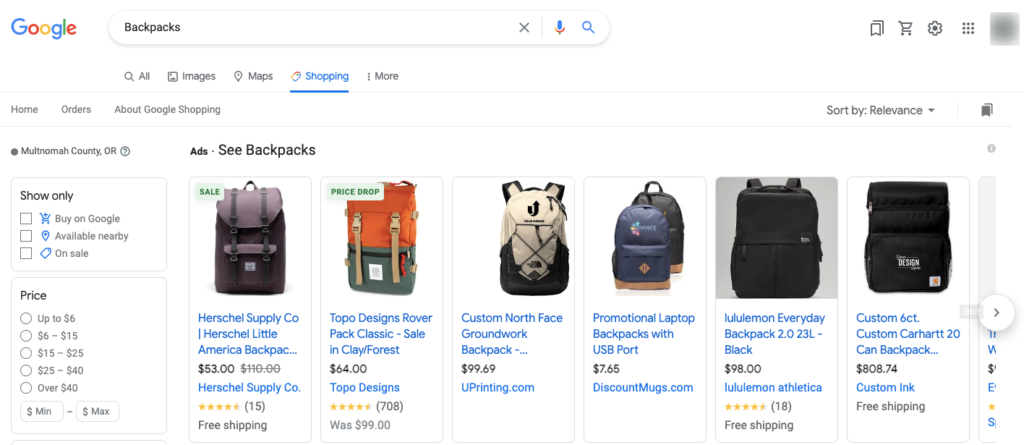 Página do Google Shopping para mochilas