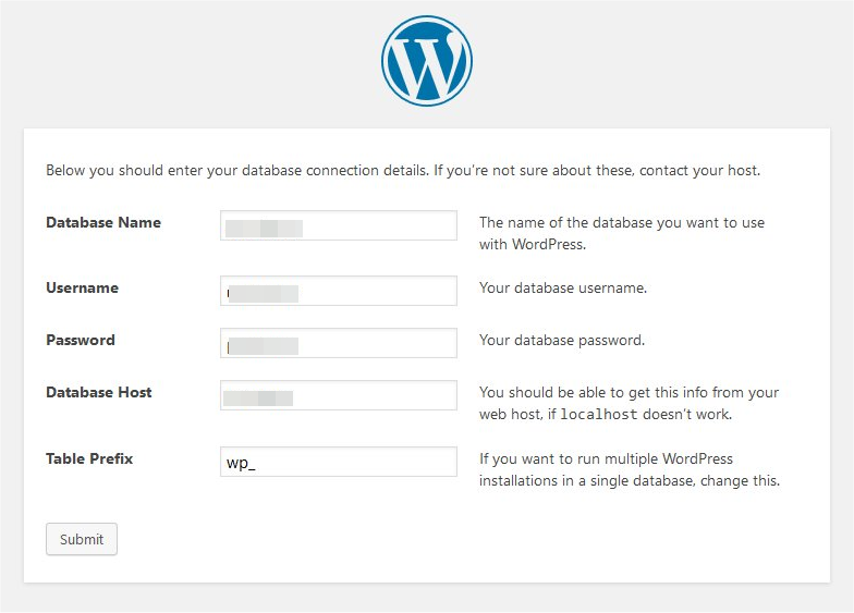 إدخال تفاصيل قاعدة بيانات WordPress