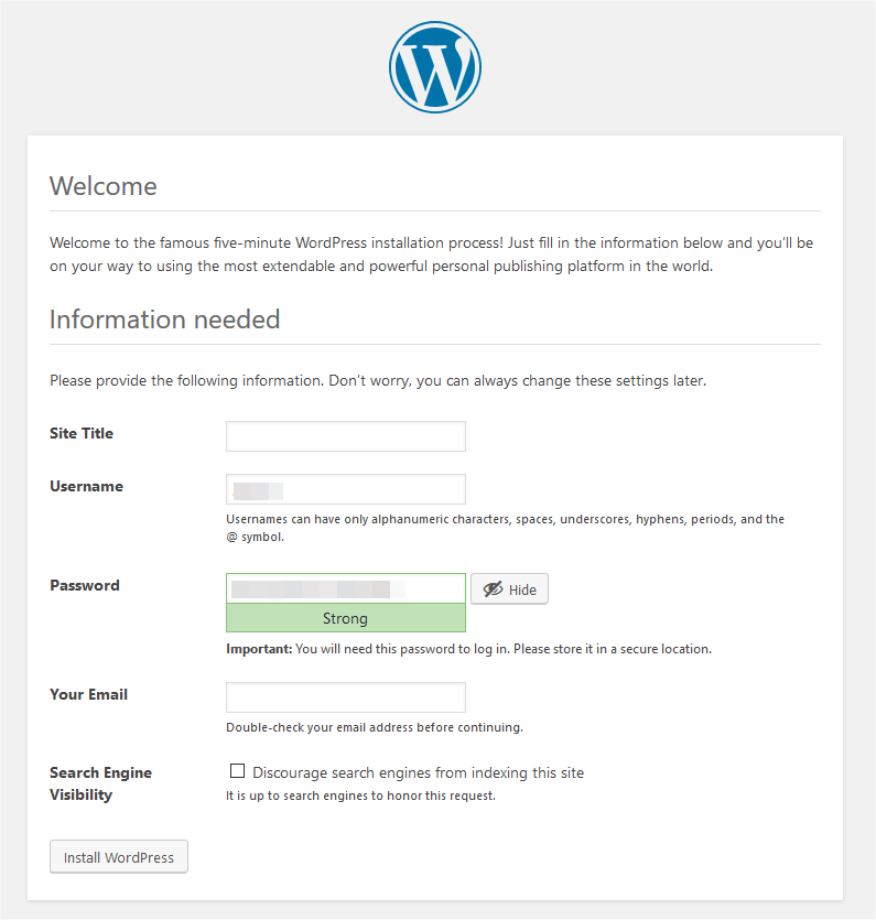 configurando os detalhes de login do WordPress