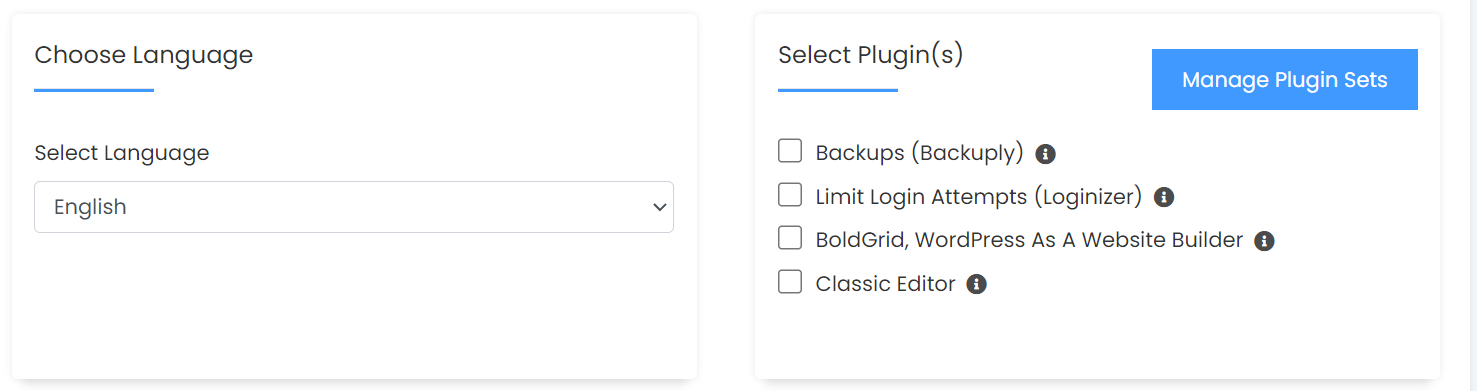 scegliendo i plugin installati e la lingua di WordPress