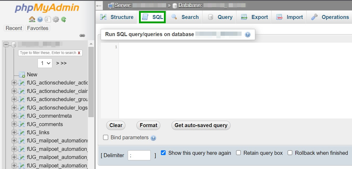 Opzione SQL in phpMyAdmin