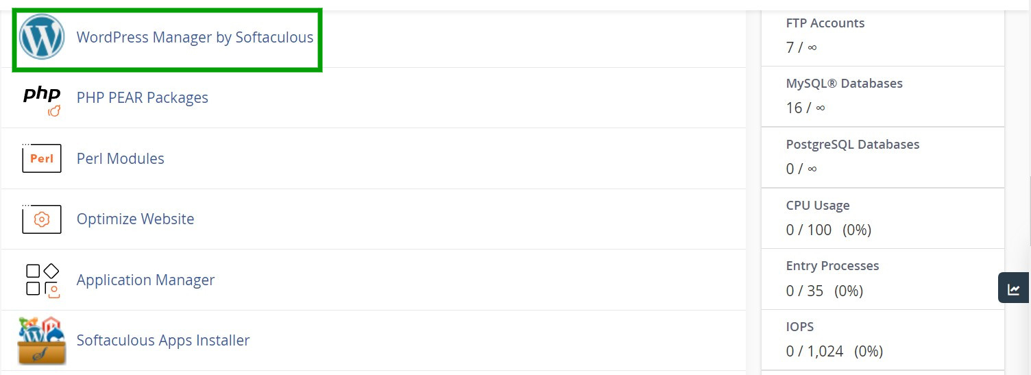 Opțiunea WordPress Manager în cpanel