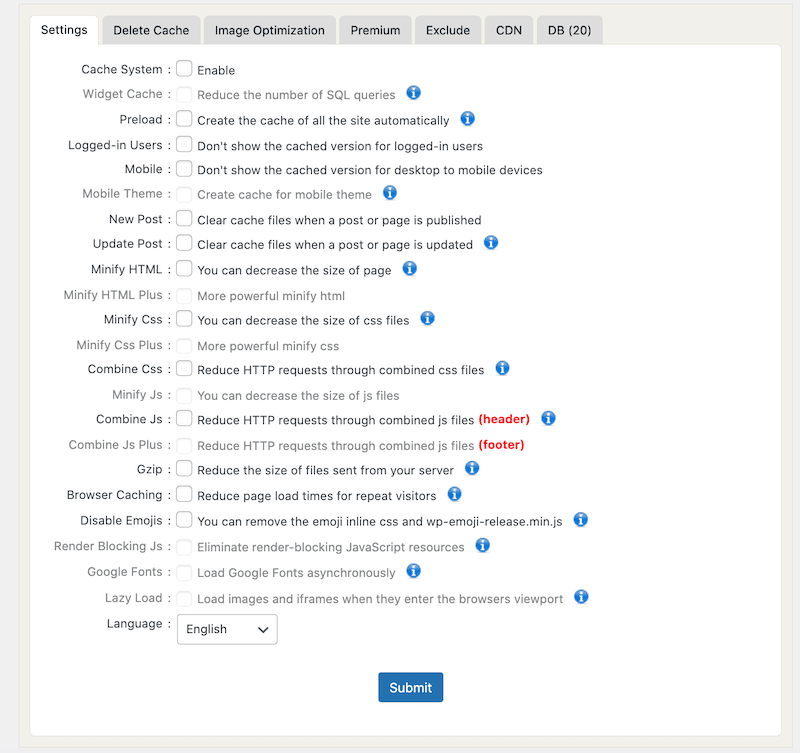 Interfață și caracteristici principale (funcții premium în gri) - Sursa: WP Fastest Cache