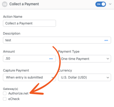 Ative a caixa de seleção Authorize.net nas configurações do Formidable