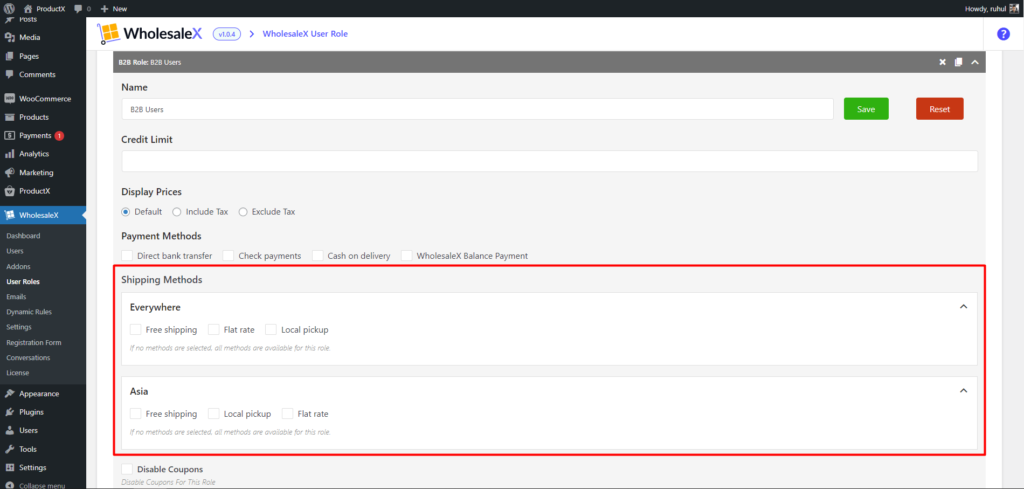 WholesaleX Role-based Shipping Method from User roles