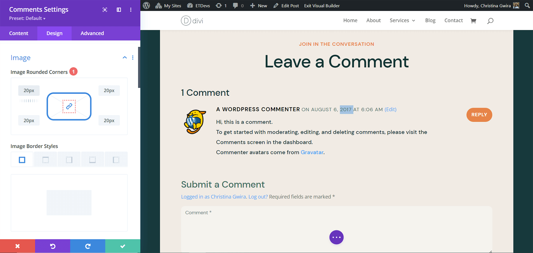 Création de coins arrondis pour notre avatar de commentaires Divi ONG