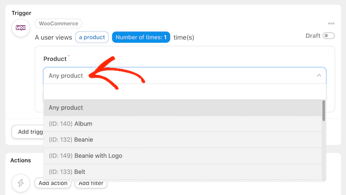 Alegeți un produs WooCommerce din meniul drop-down