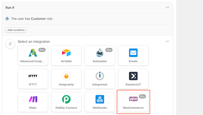 Selecionando o plug-in WooCommerce eCommerce como uma integração