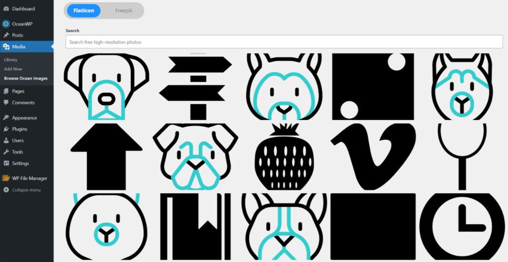 screenshot della funzionalità di importazione delle icone di OceanWP che viene aggiunta alla libreria multimediale di WordPress