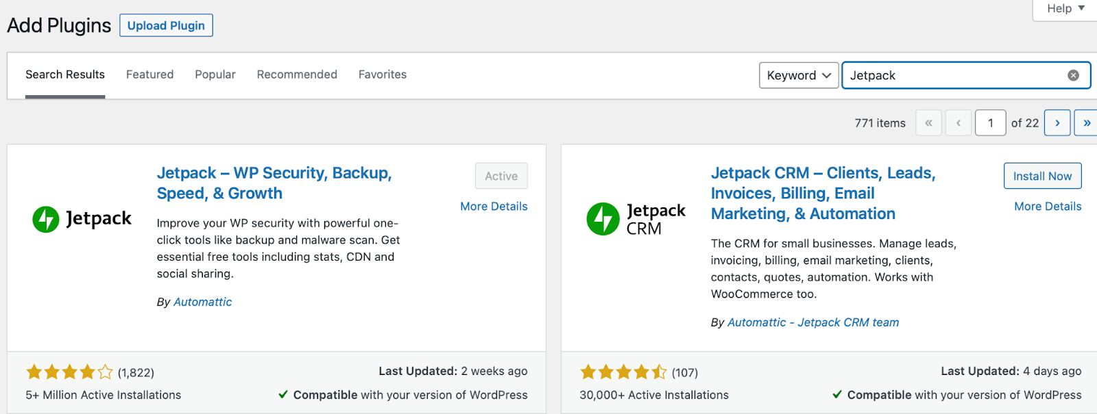 WordPress kontrol panelinde listelenen Jetpack eklentisi